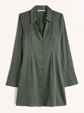 Abercrombie & Fitch Olive Green Button-Front Satin Shirt Dress XL city night out